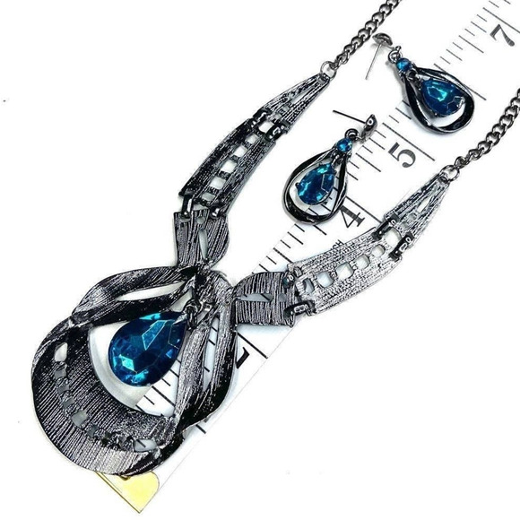 NEW Aqua Blue Rhinestone Turquoise Enamel Necklace Earrings Set Lot m21 - Picture 3 of 5